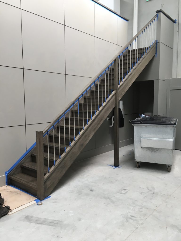 wooden staircase in a warehouse
